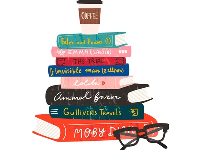 illustration of a stack of books with glasses and a cup of coffee